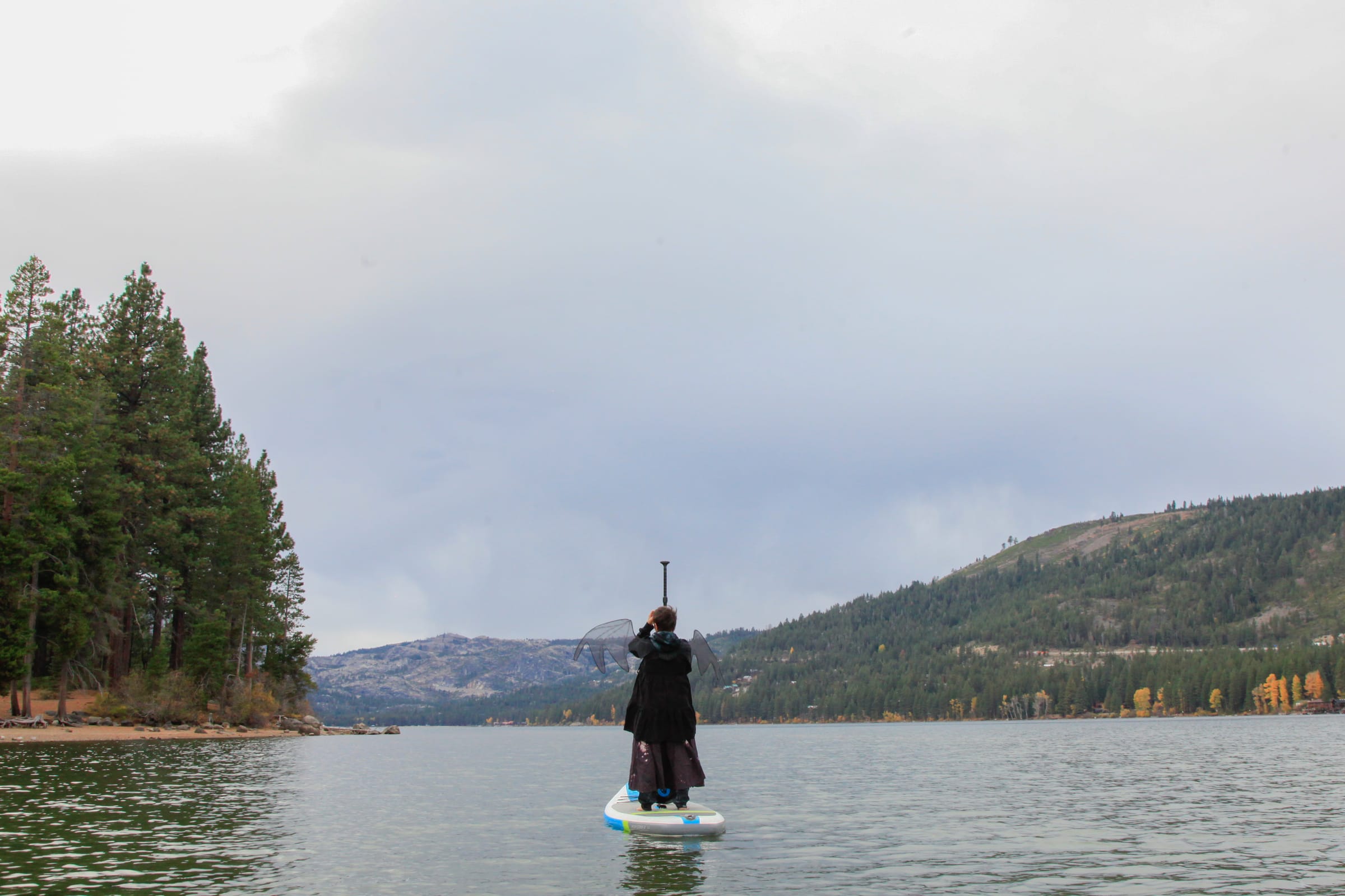 A winged costumed paddler is seen from behind on Donner Lake.